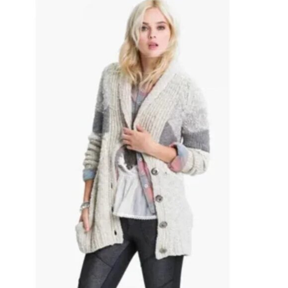 Free People Shawl Collar Gone Askew Stripe Cable Knit Long Cardigan Sweater M - Picture 4 of 14